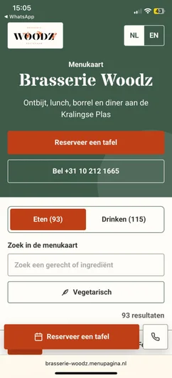 Na: de mobiele menukaart van Brasserie Woodz, met leesbare gerechten, prijzen en categorienavigatie